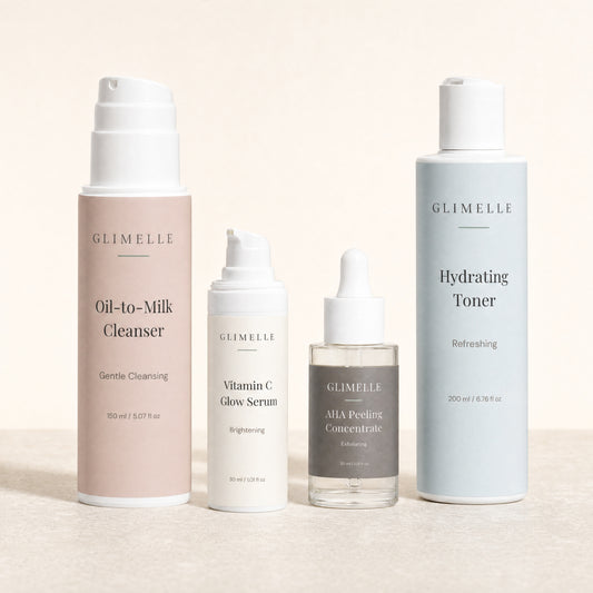 Gesichtspflege-Set mit Vitamin C Serum, AHA Peeling, Cleanser und Toner – Glimelle.