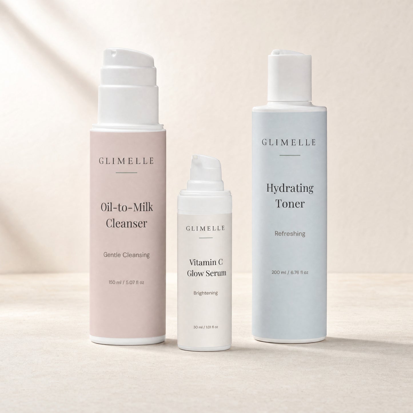 Glow-Pflegeset mit Vitamin C Serum, Cleanser und Toner – Glimelle Radiance Ritual Trio.